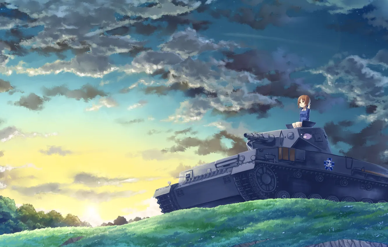 Фото обои небо, облака, пейзаж, восход, холм, арт, девочка, танк