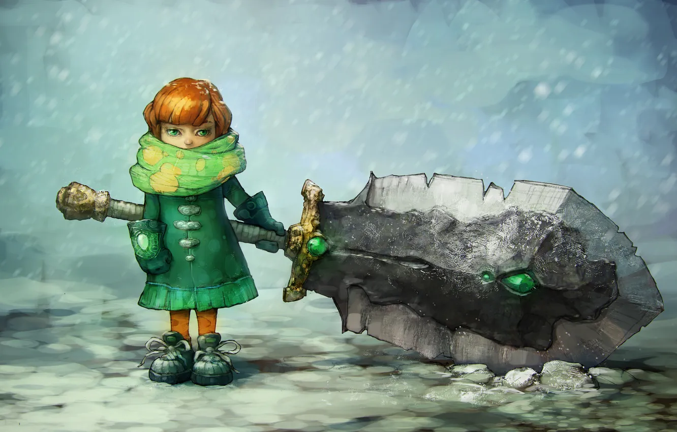 Фото обои зима, снег, меч, шарф, Девочка, рукавички