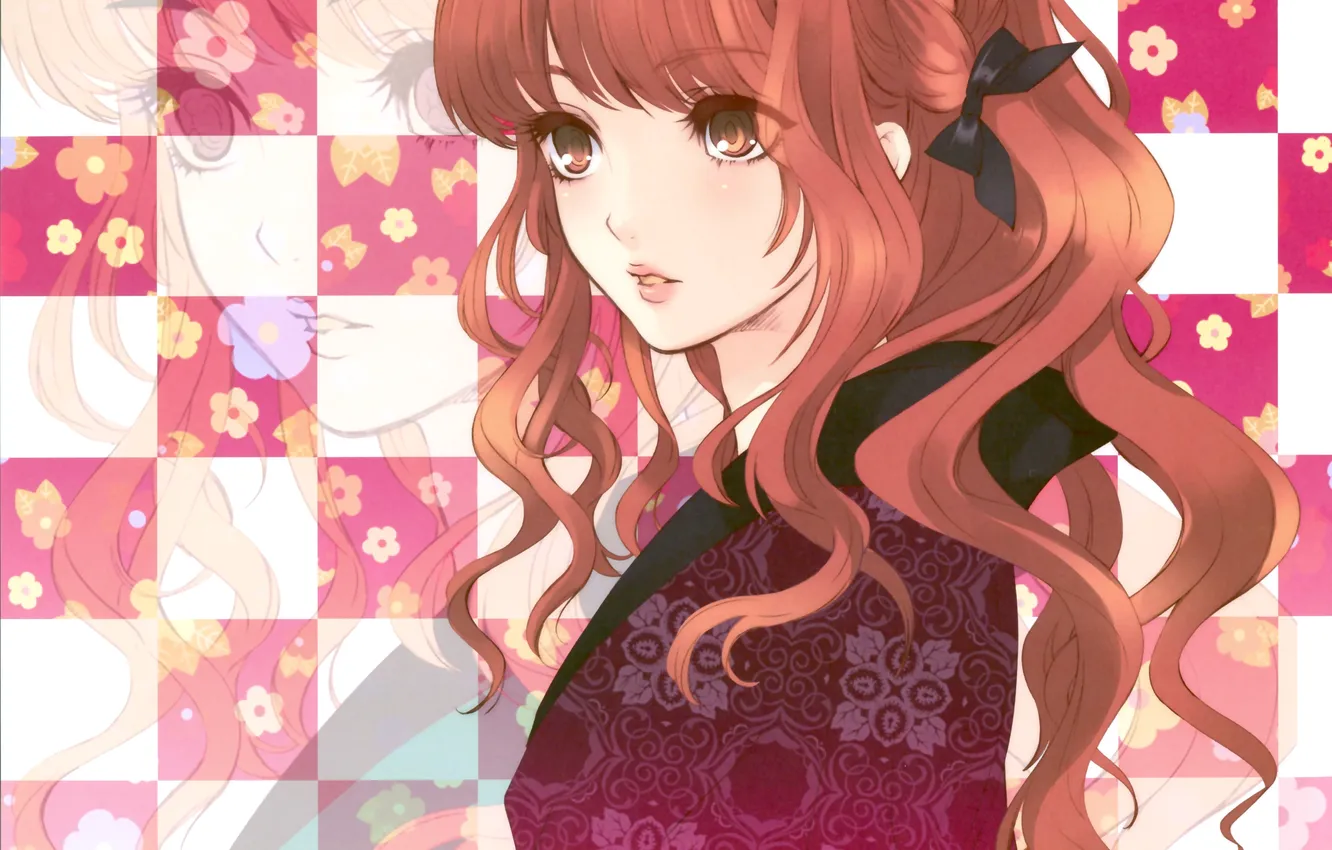 Фото обои глаза, девушка, цветы, узор, шатенка, кимоно