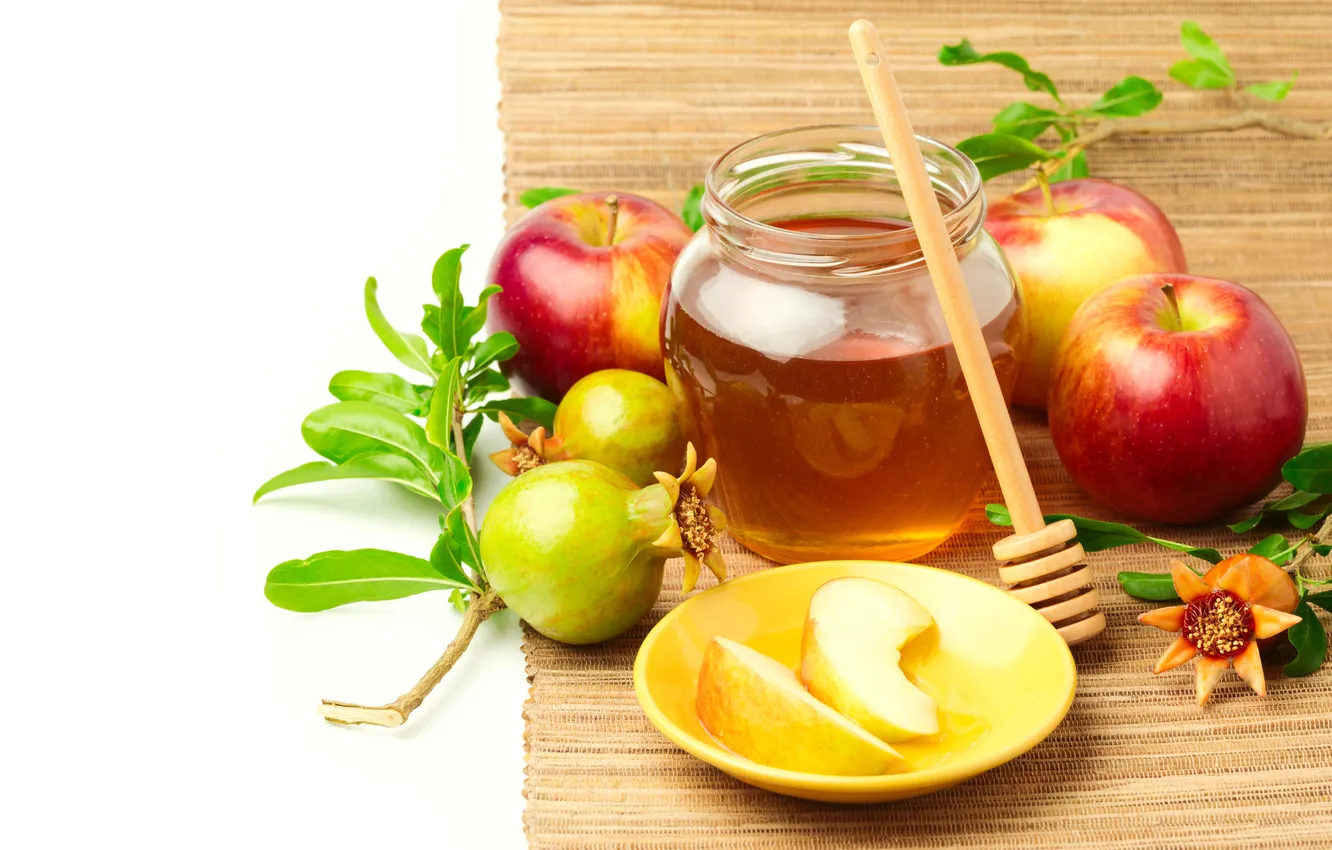Фото обои яблоки, мед, листики, гранат, веточки