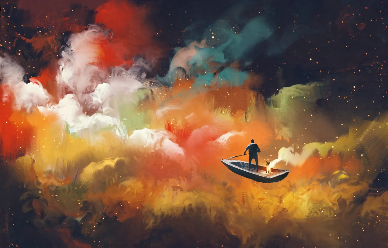Фото обои colors, clouds, boat, rowing