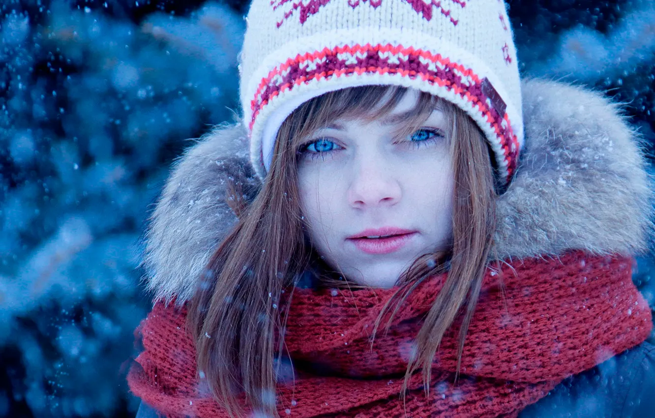 Фото обои зима, снег, шапка, портрет, шарф, девочка