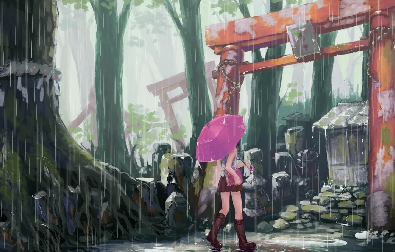 Фото обои дерево, сапоги, зонт, ворота, лужа, Девочка, книга, ливень