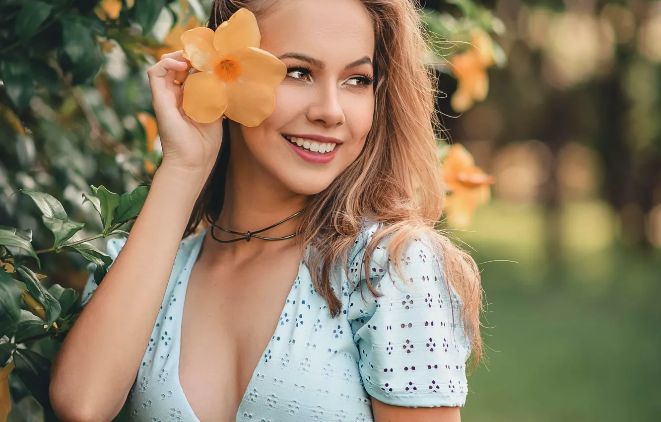 Фото обои девушка, цветы, природа, улыбка, куст, блузка, шатенка