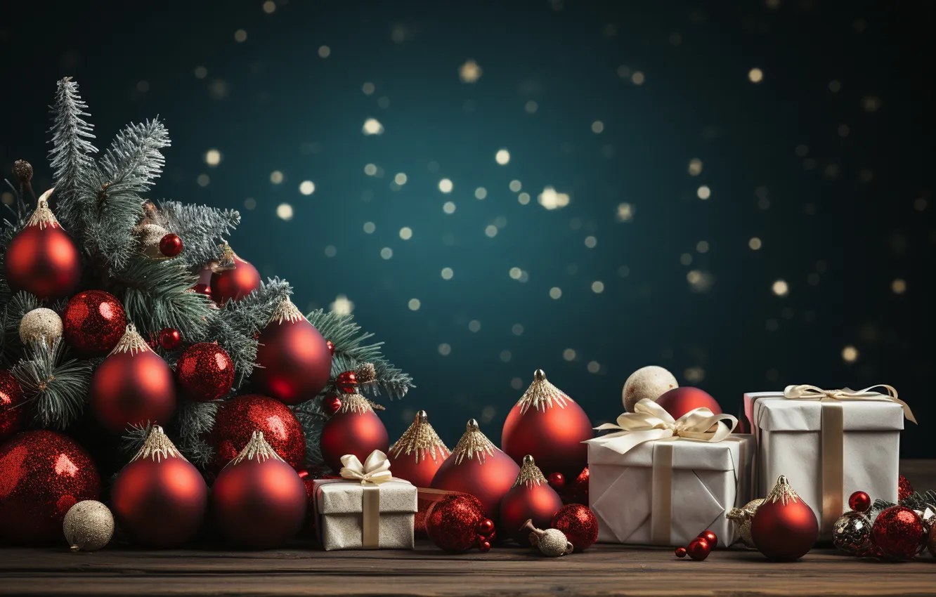 Фото обои шары, елка, Рождество, подарки, Новый год, Christmas, balls, tree