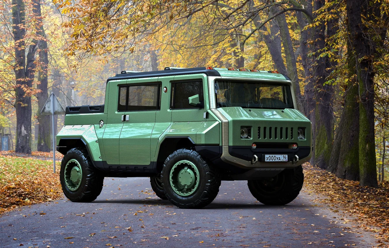 Фото обои дорога, транспорт, листва, автомобиль, H-UAZ concept