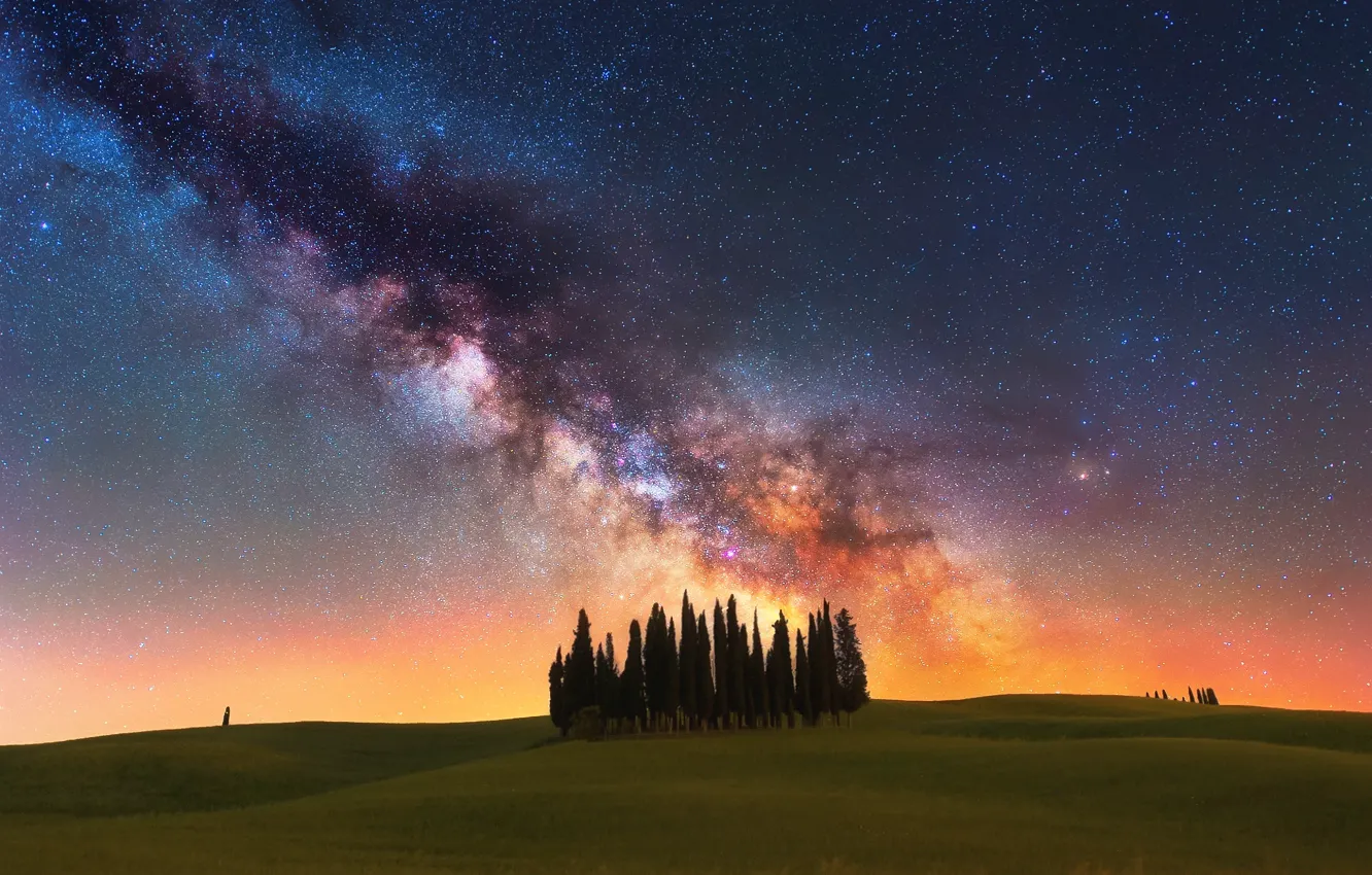 Фото обои небо, звезды, деревья, ночь, поля, Италия, млечный путь, кипарисы