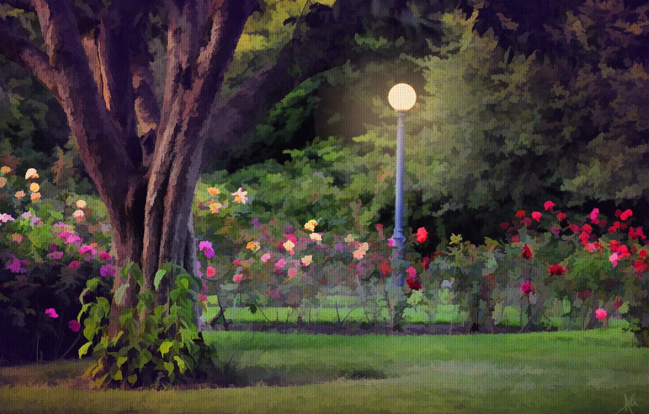 Фото обои пейзаж, цветы, парк, дерево, фонарь, клумба