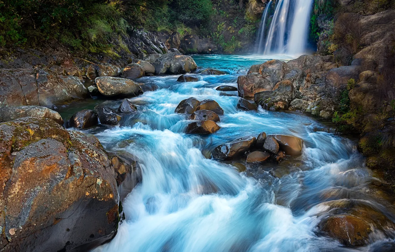 Фото обои река, камни, водопад, Новая Зеландия, New Zealand, Tawhai Falls, Tongariro National Park, Национальный парк Тонгариро