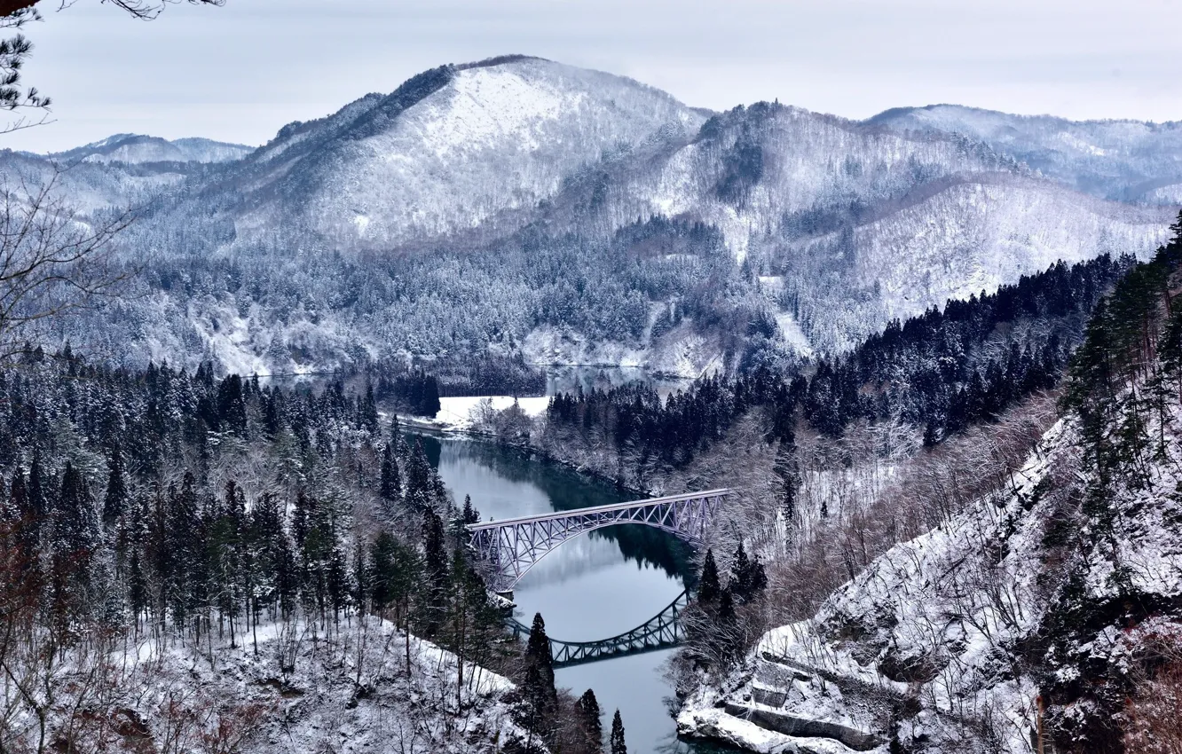 Фото обои зима, горы, мост