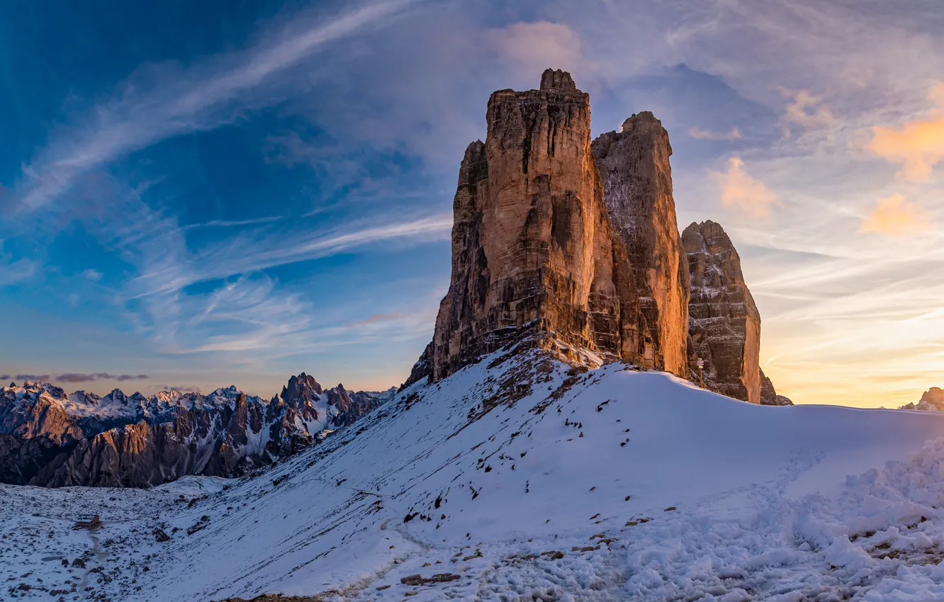 Фото обои зима, небо, солнце, снег, закат, горы, скалы, Италия