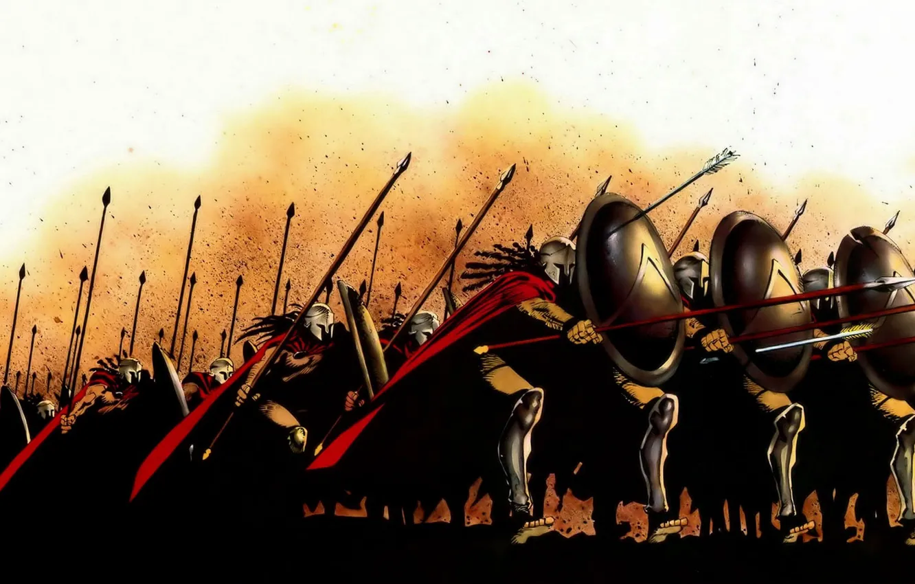 Фото обои рисунок, войны, бой, 300 спартанцев, щиты, копья, спартанцы, плащи