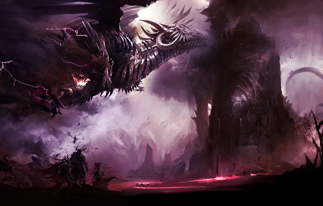 Фото обои люди, молнии, дракон, башня, крепость, dragon, Guild wars 2