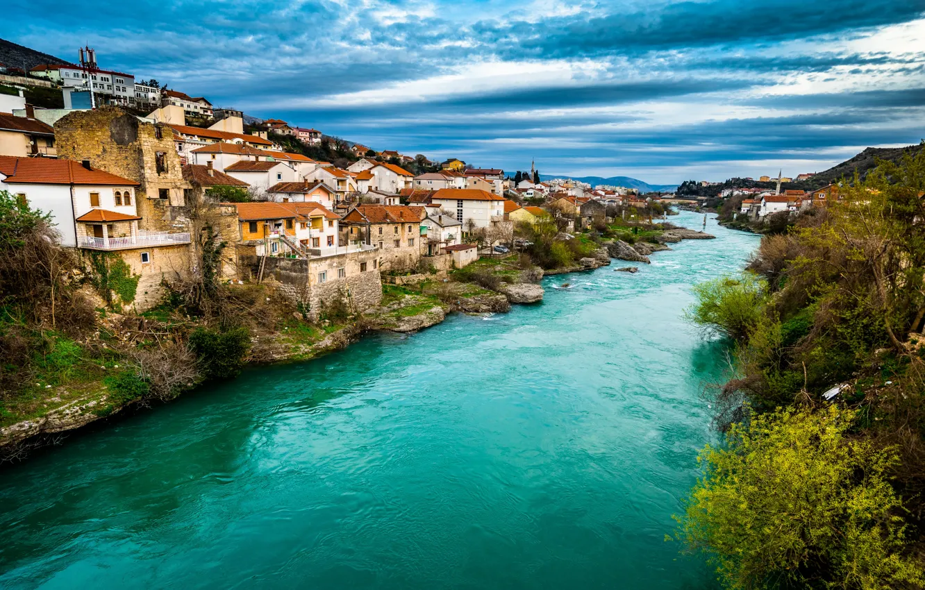 Фото обои пейзаж, город, река, дома, берега, Босния и Герцеговина, Мостар, Неретва