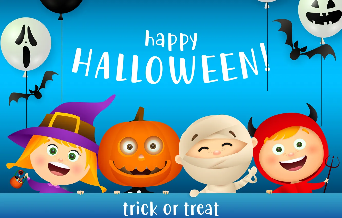 Фото обои Дети, Halloween, Хеллоуин, Радость, Happy Halloween, Дети в масках монстров
