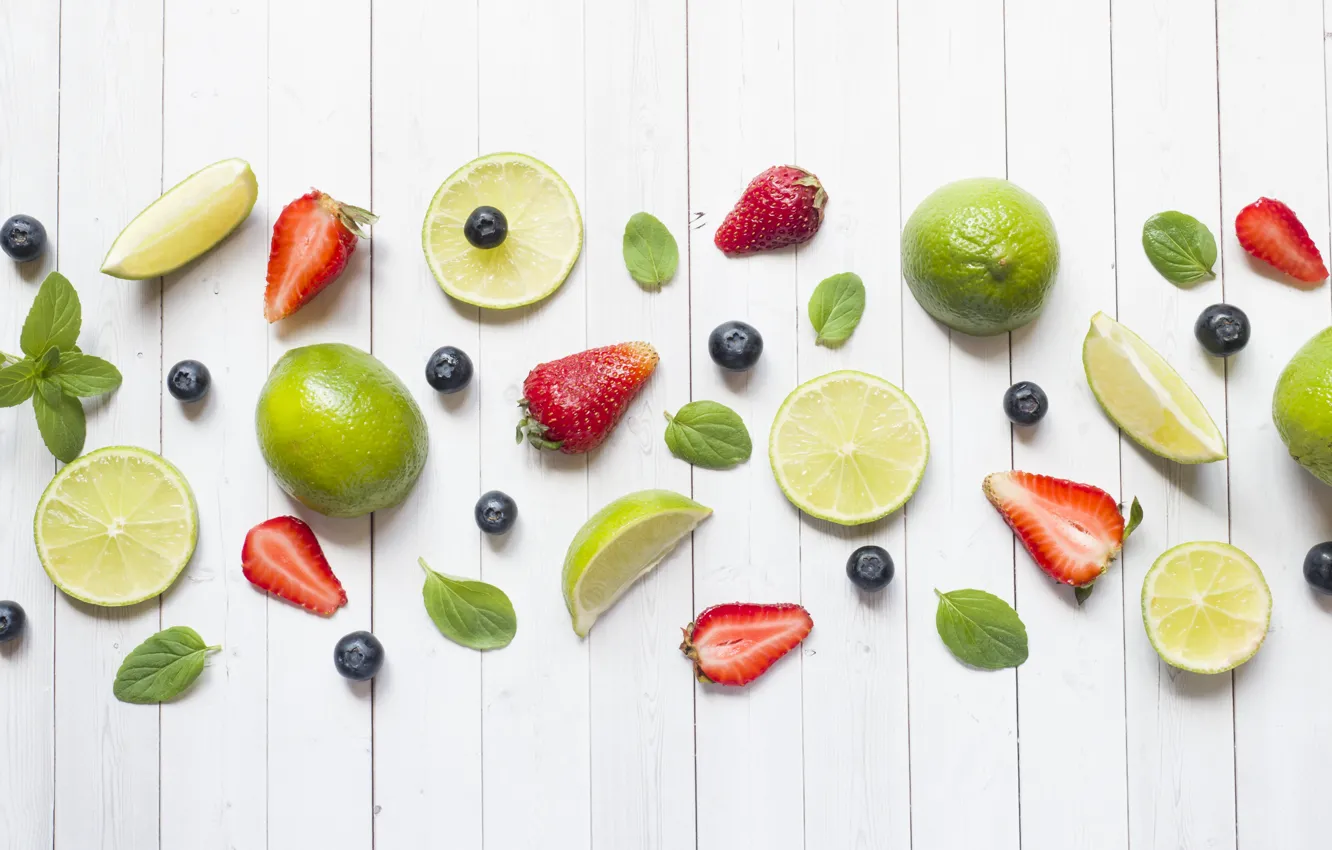 Фото обои белый, ягоды, фон, клубника, лайм, цитрус, фрукты, композиция