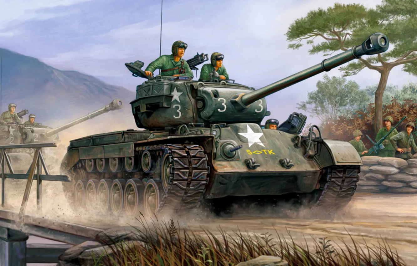 Фото обои war, art, painting, tank, M26 Pershing, heavytank