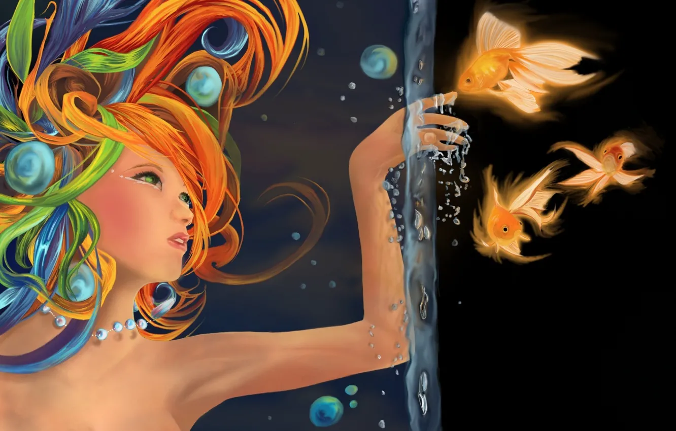 Фото обои вода, девушка, рыбки, рыбы, пузырьки, рисунок, рука, золотые