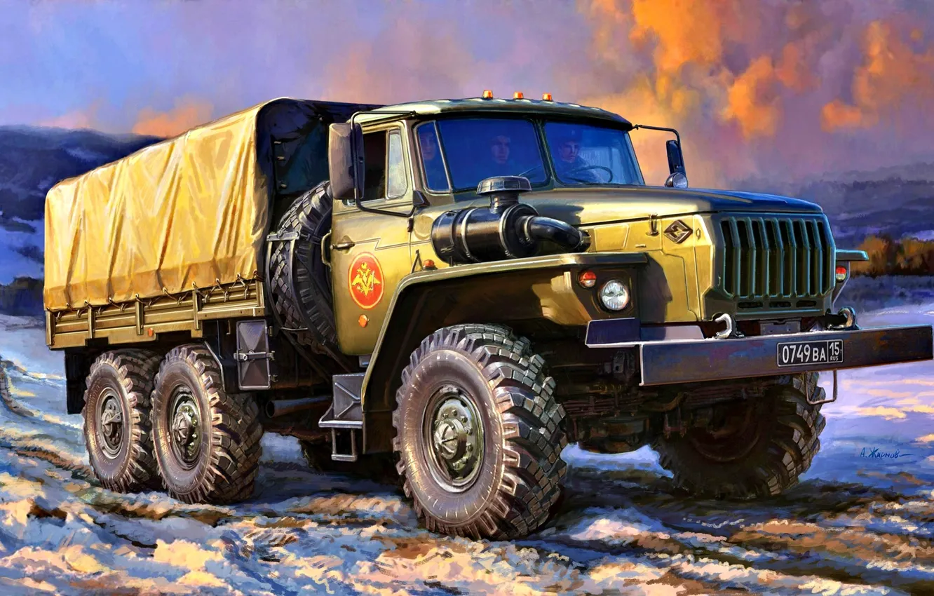Фото обои зима, снег, полноприводный, бортовой, повышенной проходимости, Урал-4320, грузовой автомобиль, СССР/Россия