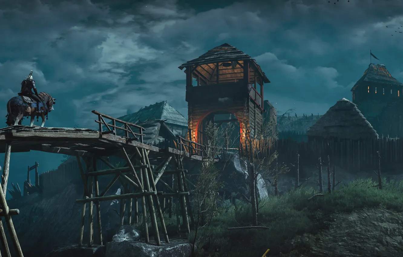 Фото обои мост, деревня, крепость, Геральт, The Witcher 3: Wild Hunt, Ведьмак 3: Дикая Охота, плотва
