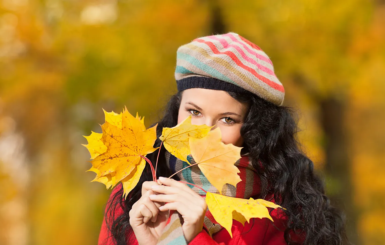 Фото обои осень, взгляд, листья, девушка, брюнетка, шарфик, кудри, берет