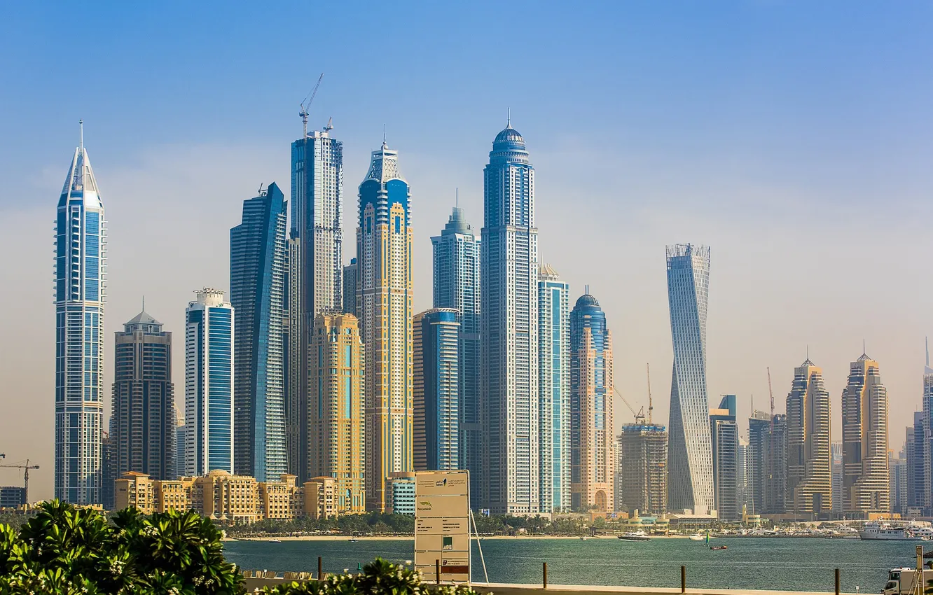 Фото обои Dubai, skyline, sky, sea, water, buildings, plants, skyscrapers
