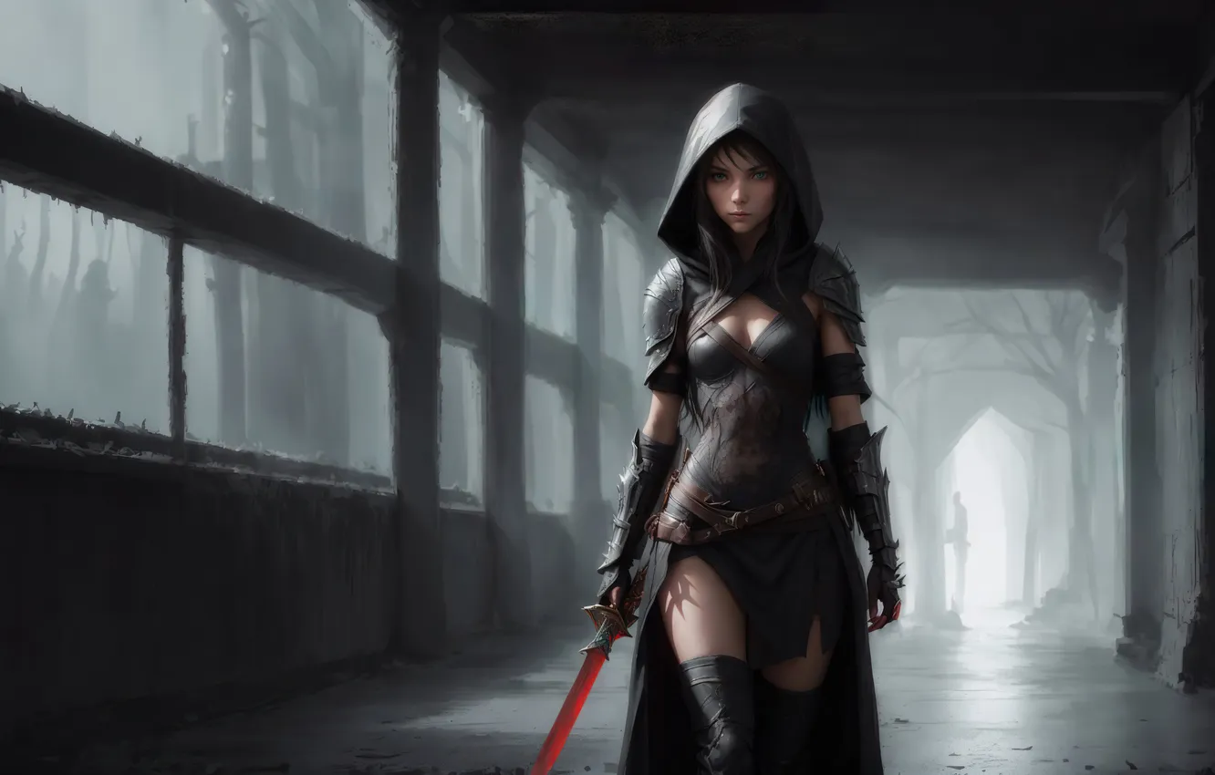 Фото обои girl, fantasy, art, fantasy art, hood, cape, corridor, fantasy girl