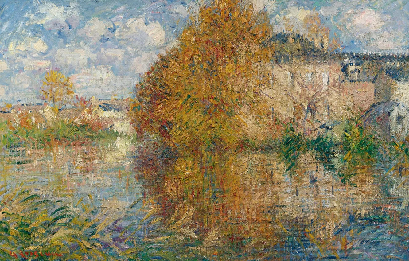 Фото обои пейзаж, река, картина, Гюстав Луазо, Gustave Loiseau, Дом в Ко не берегах Эры. Осень