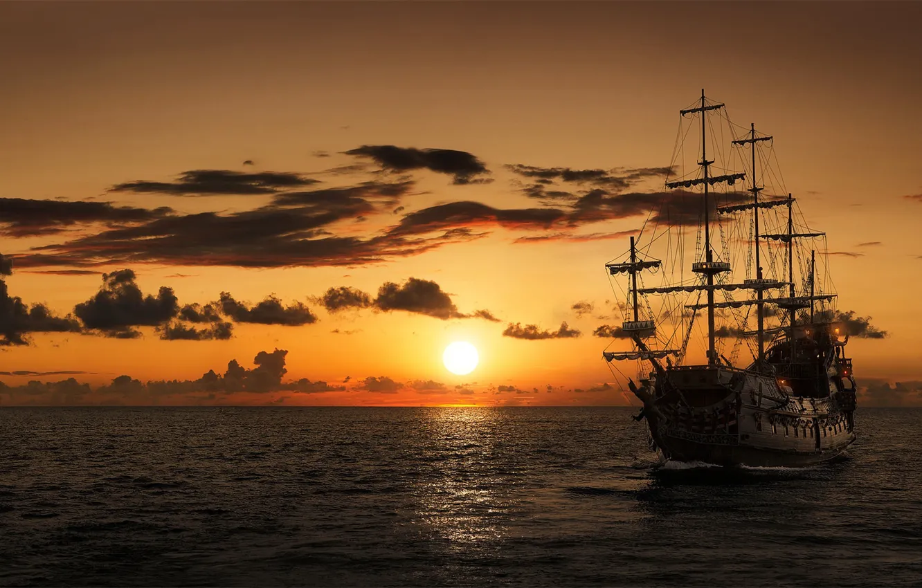 Фото обои море, закат, корабль, парусник, фрегат