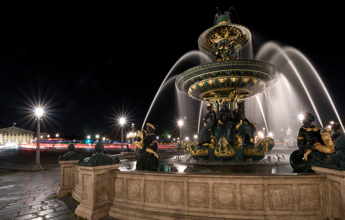 Фото обои ночь, огни, Франция, Париж, фонтан, Площадь Согласия