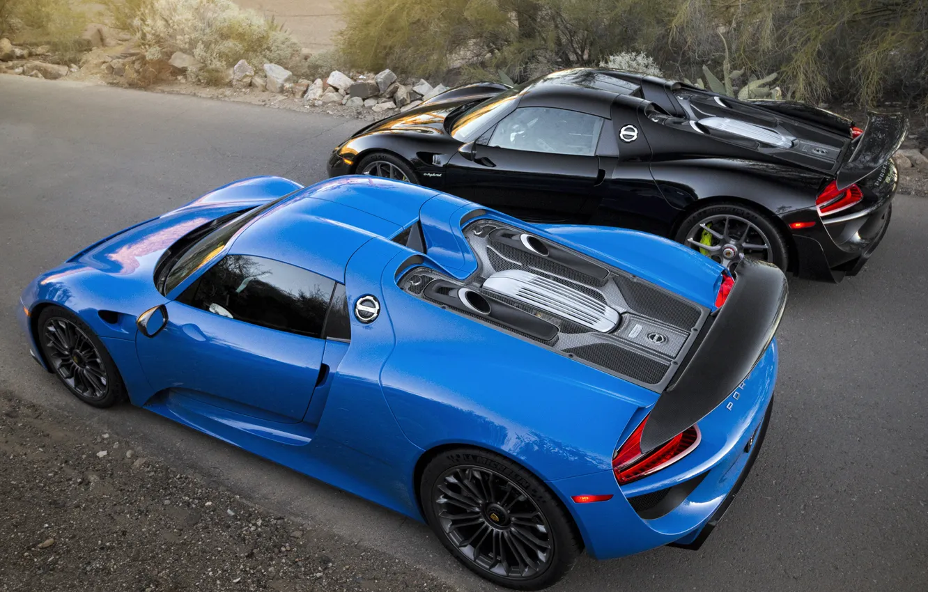 Фото обои Porsche, Blue, Black, Spyder, 918, Road, Supercar