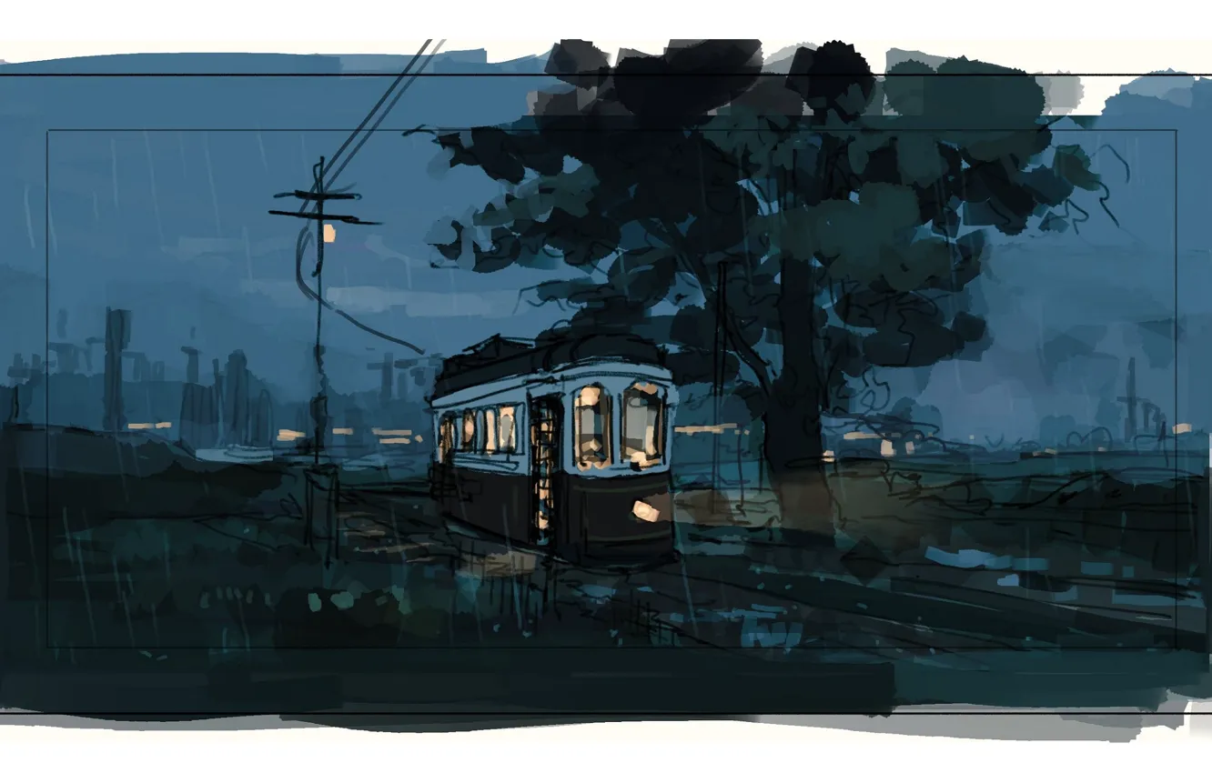 Фото обои столбы, провода, трамвай, сумерки, свет в окнах, пригород, дождливый вечер, вечернее небо