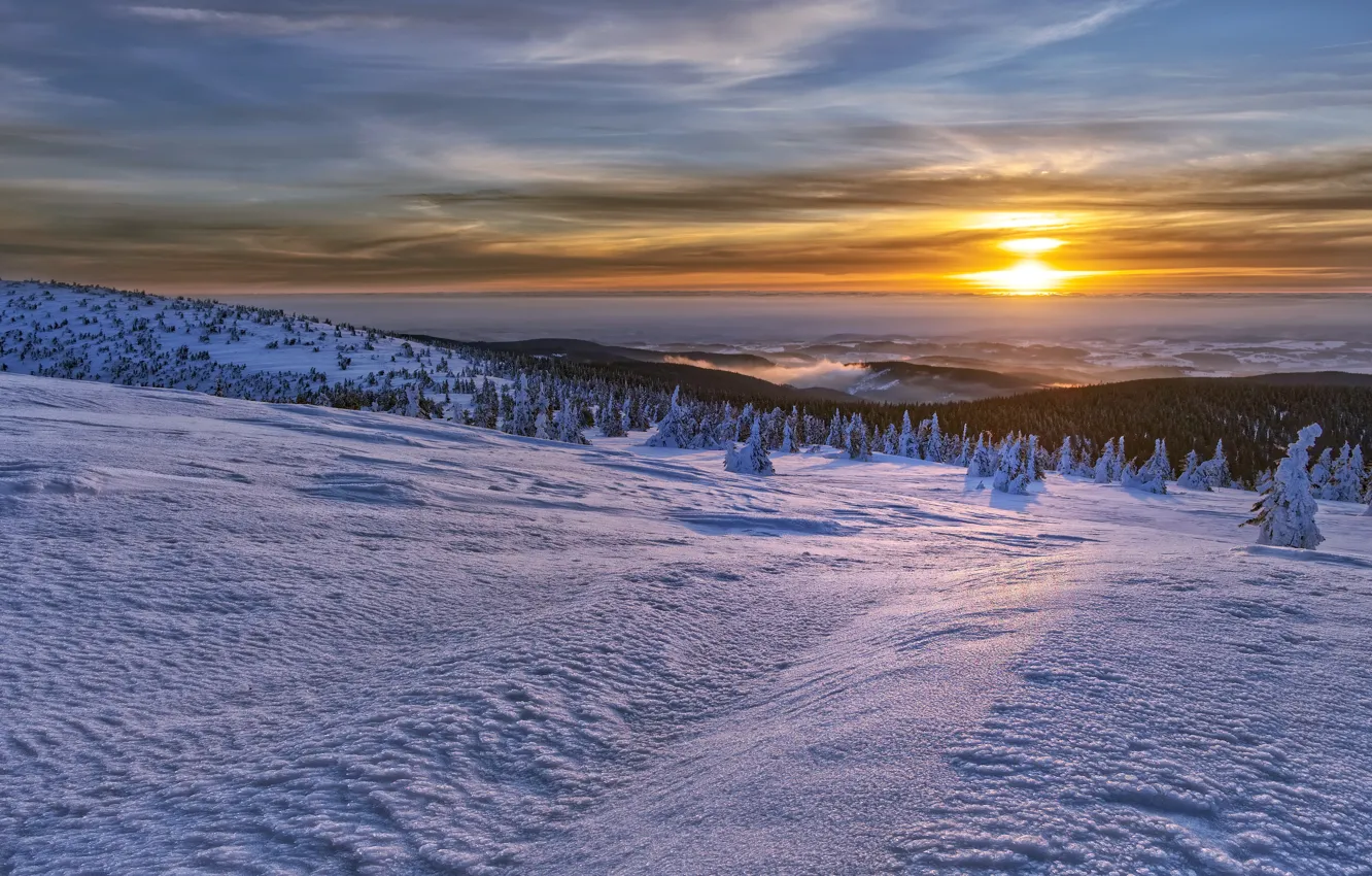 Фото обои Winter, sunrise, Mountains, Jeseniky