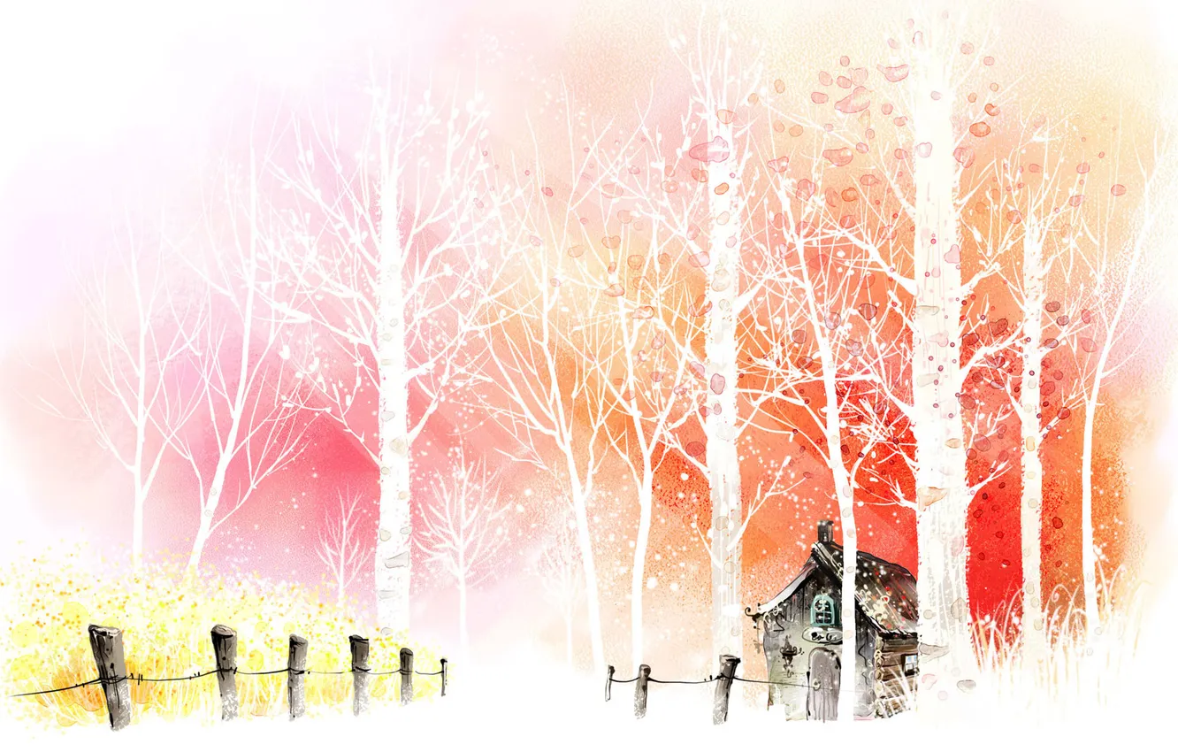 Фото обои деревья, дом, рисунок, забор