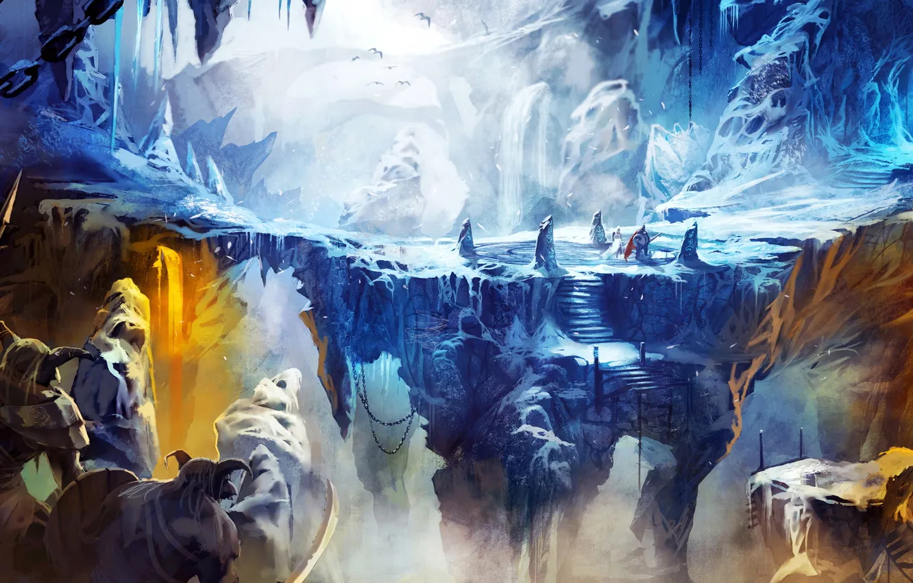 Фото обои Warrior, snow, cave, thief, Mage, Trine 2, enemies