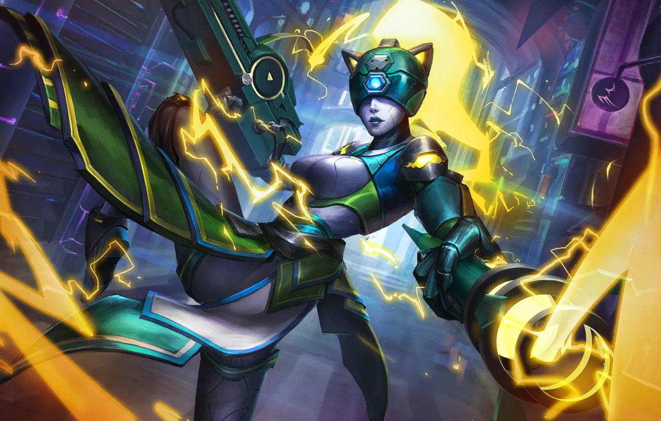 Фото обои девушка, электричество, посох, пушка, hon, Heroes of Newerth, Bushwack, F.L.E.X.
