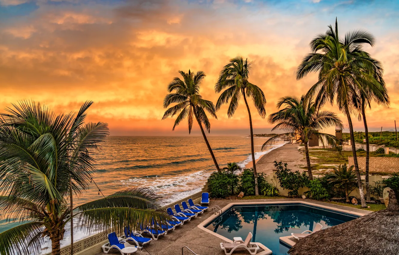 Фото обои Океан, Мексика, Пальмы, Побережье, закаты, Mazatlan, Рассветы