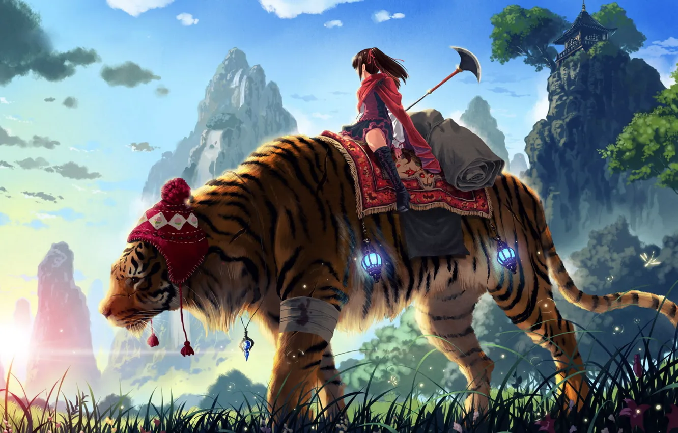 Фото обои трава, девушка, горы, тигр, копье, kankurou