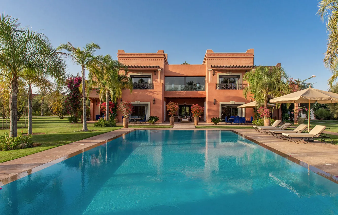 Фото обои пальмы, вилла, бассейн, архитектура, Amelkis, Мароко, Villa Rose-Anna in Marrakech