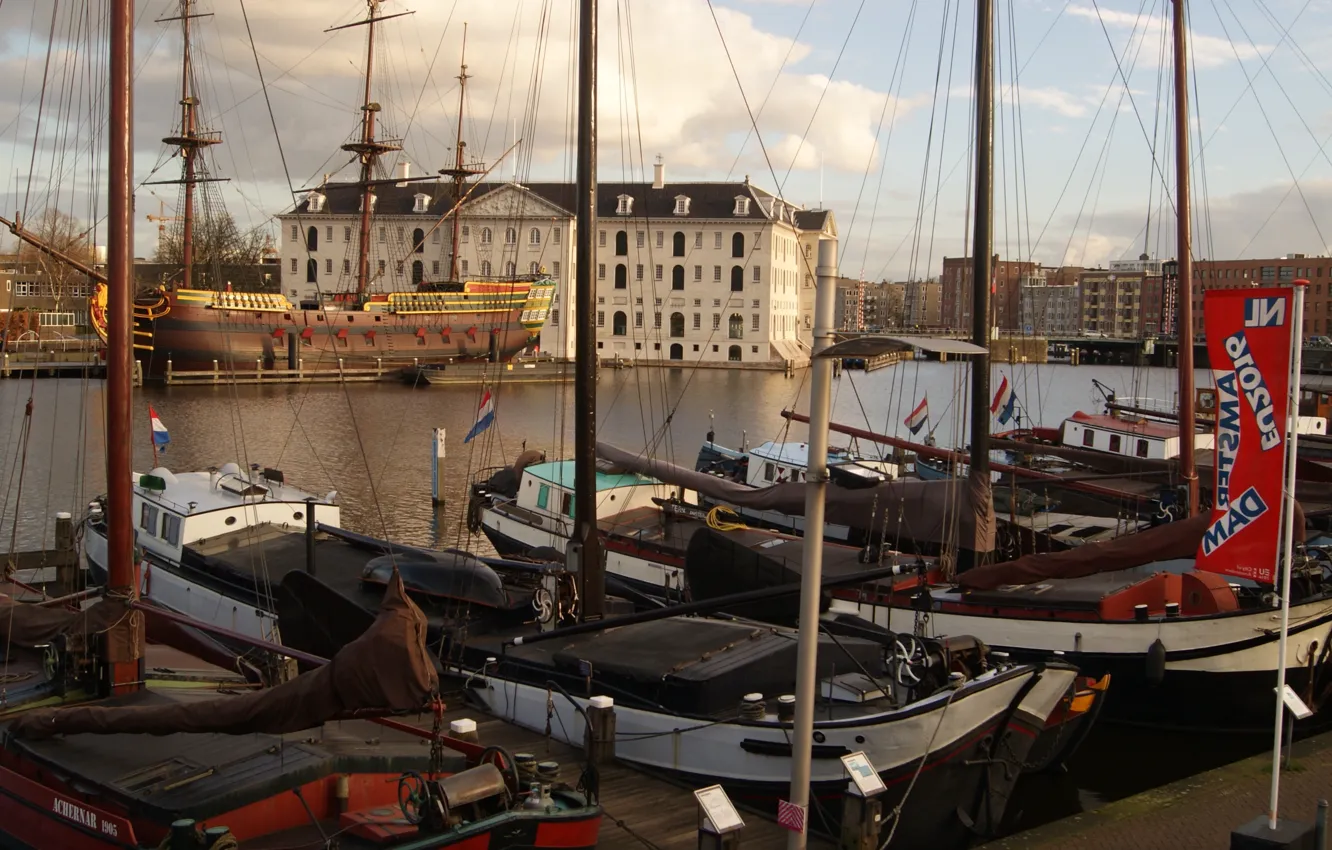 Фото обои пристань, лодки, Амстердам