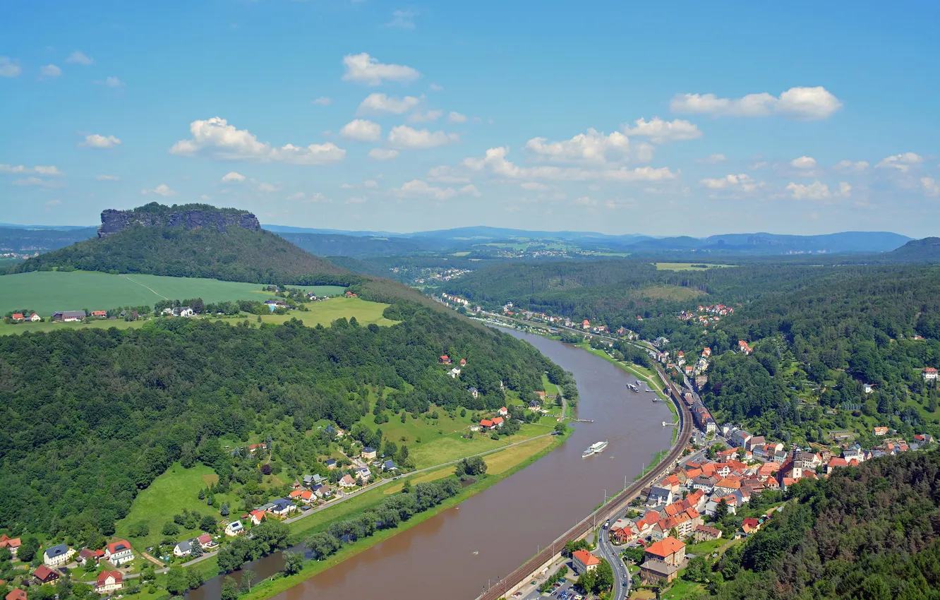 Фото обои небо, город, река, гора, Германия, Эльба, Кенигштайн
