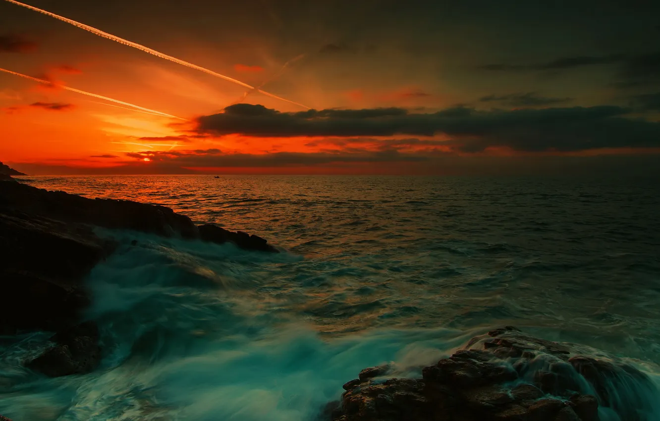 Фото обои море, пейзаж, закат, природа