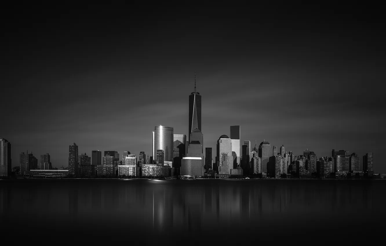 Фото обои отражение, Нью-Йорк, зеркало, горизонт, Манхэттен, One World Trade Center, Соединенные Штаты, 1WTC