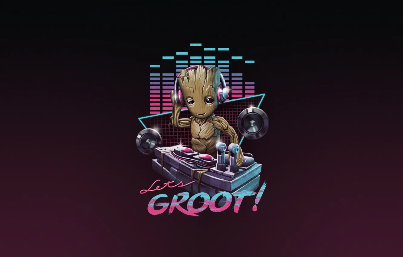 Фото обои Минимализм, Музыка, Арт, Neon, Groot, 80's, Synth, Retrowave