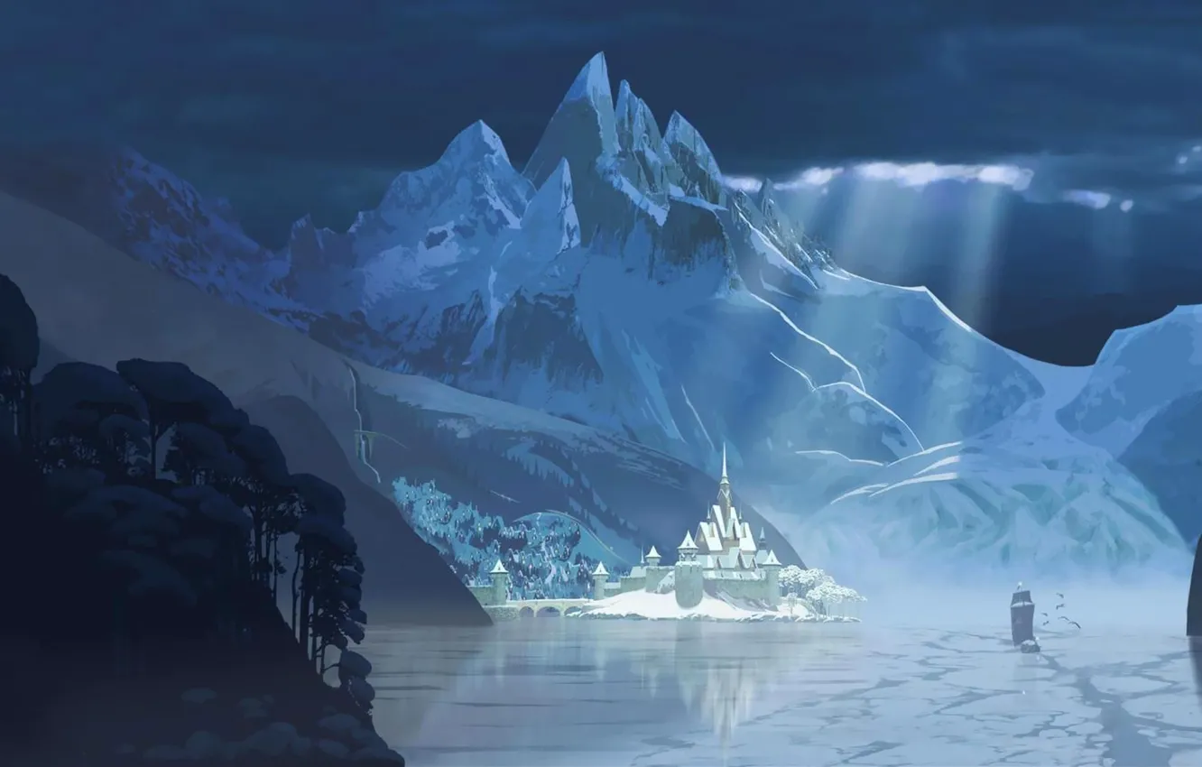 Фото обои зима, горы, замок, Frozen, Disney, гавань, Дисней, Холодное Сердце
