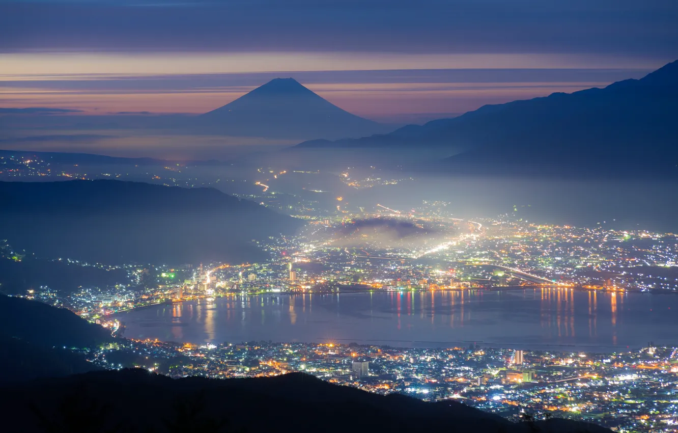 Фото обои city, город, lights, огни, озеро, гора, Япония, Japan