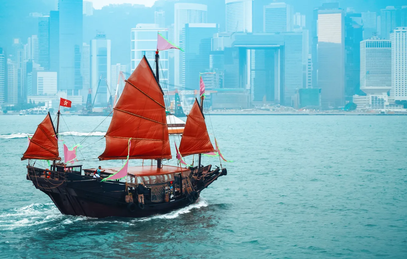 Фото обои корабль, здания, Китай, паруса, небоскрёбы