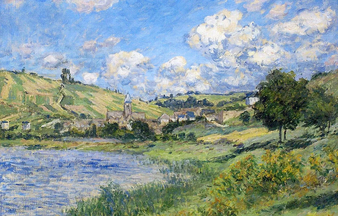 Фото обои река, картина, Клод Моне, Ветёй. Пейзаж