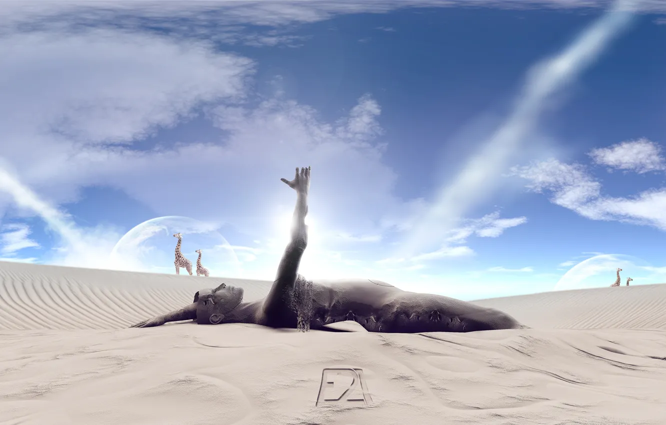 Фото обои песок, небо, коллаж, пустыня, жирафы, статуя, фотоманипуляция