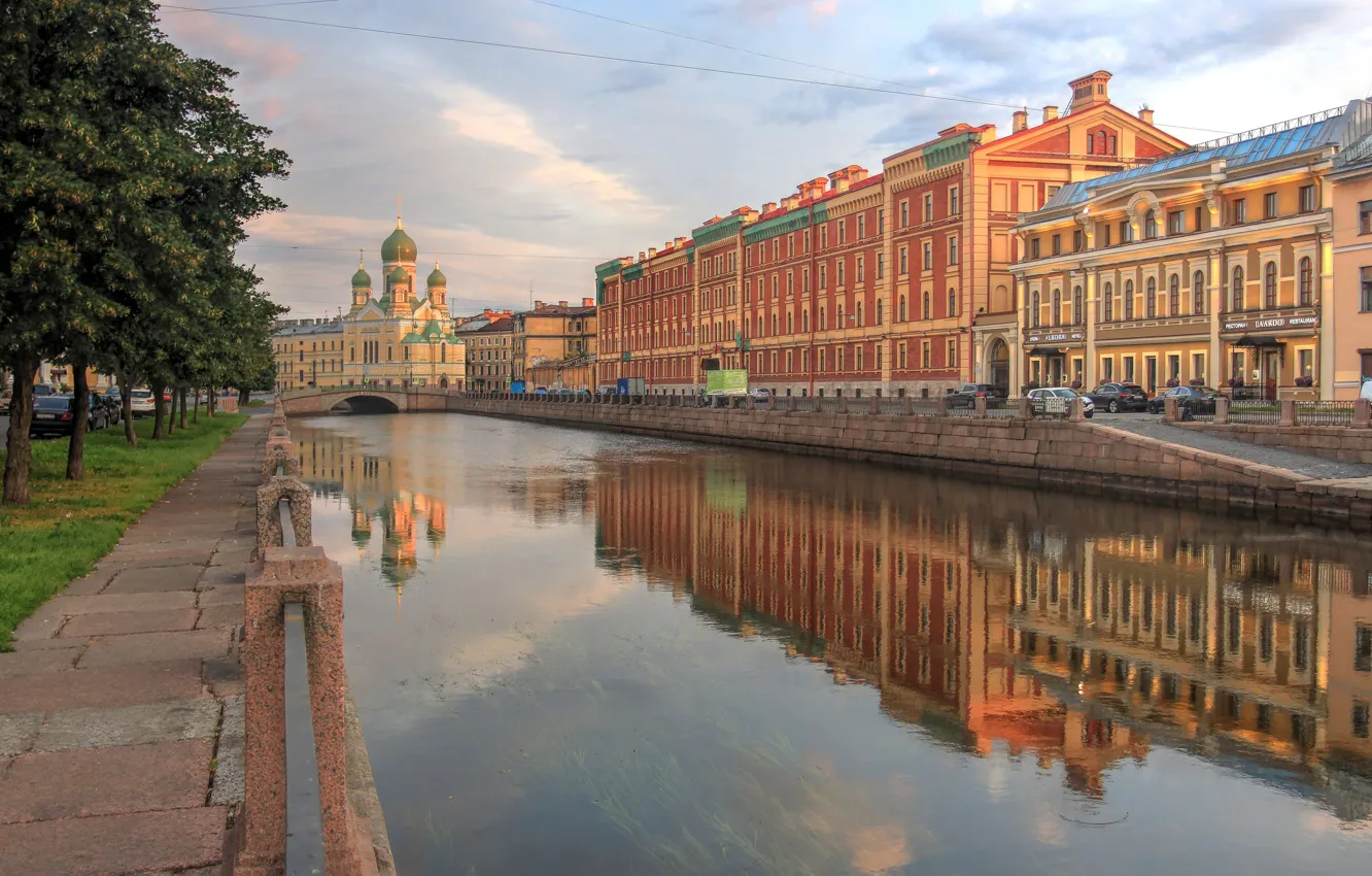 Фото обои мост, отражение, здания, дома, Санкт-Петербург, церковь, канал, Россия
